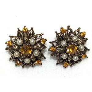 Starburst Faux Pearl Tangerine Rhinestones Earrings